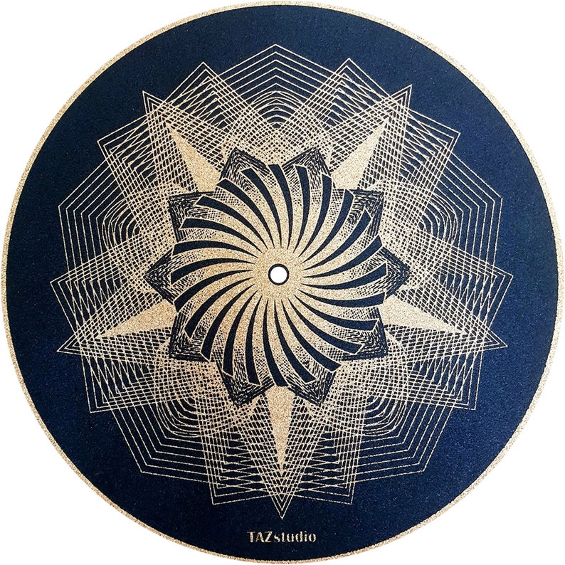 etsy.com | TazStudio Cork Turntable Mat for Better Sound Support on Vinyl LP Record Player - Original Geometric light desing [black color]