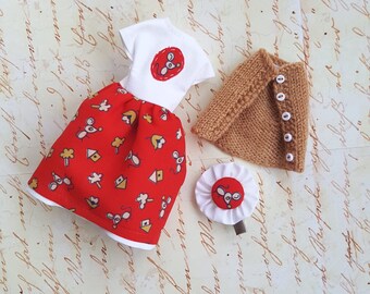 Blythe dress doll Blythe clothes Blythe outfit set custom set Mice Red dress Blythe doll clothes  Doll vest Pullip clothes