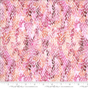 May include: Abstract fabric with a white background and a pattern of pink, red, and orange brushstrokes. The fabric is a repeating pattern of small, irregular shapes.