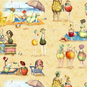 Peut inclure: Une illustration fantaisiste représente une scène de plage avec des personnages ressemblant à des fruits et légumes en maillots de bain. L'œuvre comprend des parasols, des chaises longues et un ballon de plage coloré, créant une atmosphère estivale et ludique.