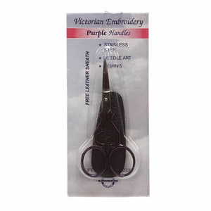May include: Purple handled embroidery scissors with a free leather sheath. The scissors are stainless steel and are ideal for needle art and sewing.