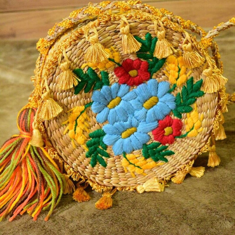 Embroidered Straw Bag Etsy