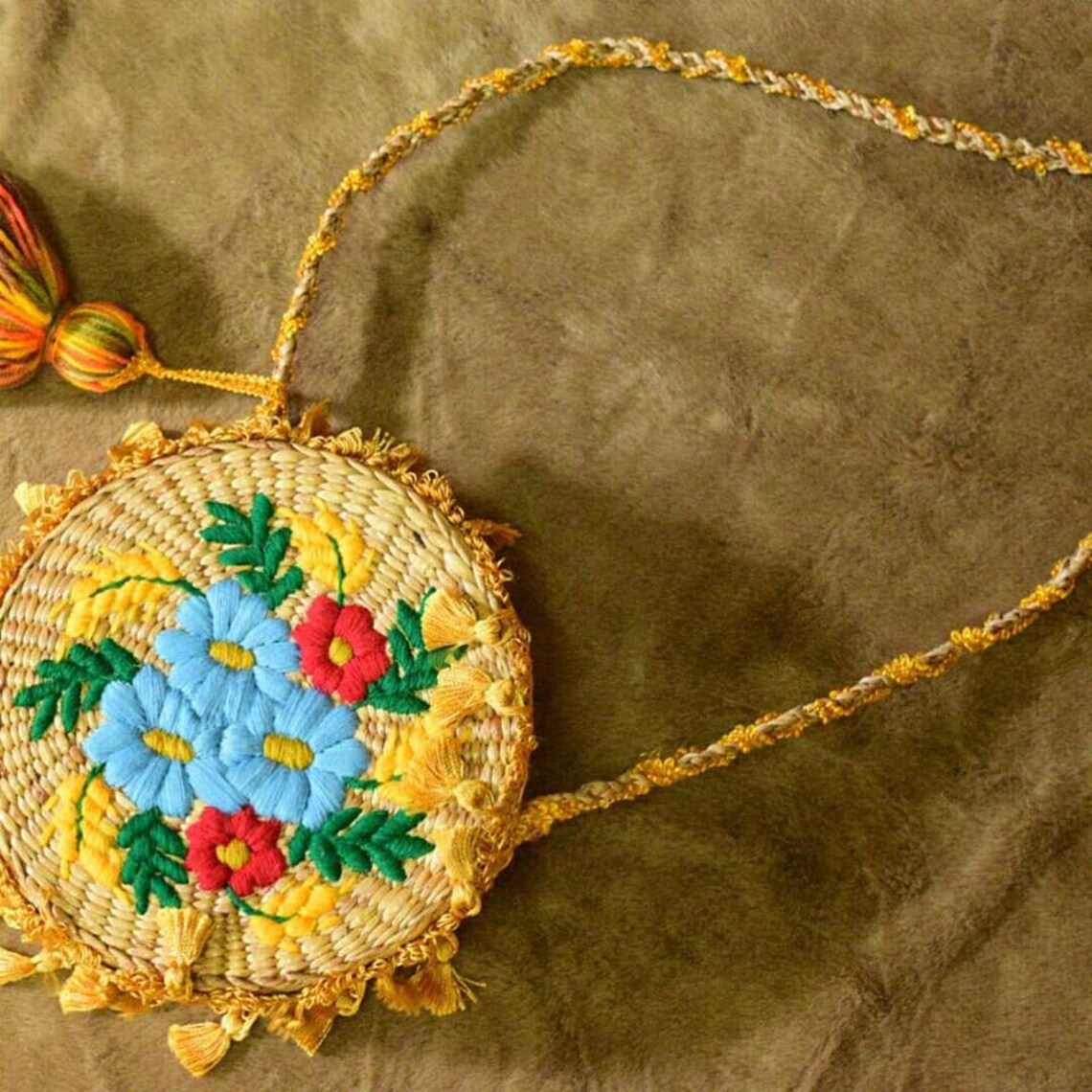 Embroidered Straw Bag Etsy