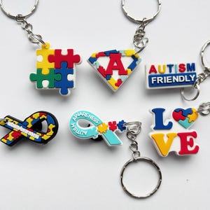 May include: A collection of colorful autism awareness keychains. Designs include puzzle pieces, a diamond with the letter "A", the words "Autism Friendly", a ribbon, and the word "LOVE" with a puzzle heart.