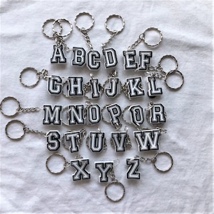 Può includere: Un set di 26 portachiavi argentati con ciondoli a forma di lettere in bianco e nero. Ogni ciondolo presenta una lettera dell'alfabeto in un carattere audace e a blocchi.