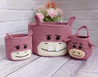 Whimsical Nursery Decor: Set of Crochet Hippopotamus Basket and Toy Organizer, 2 pcs