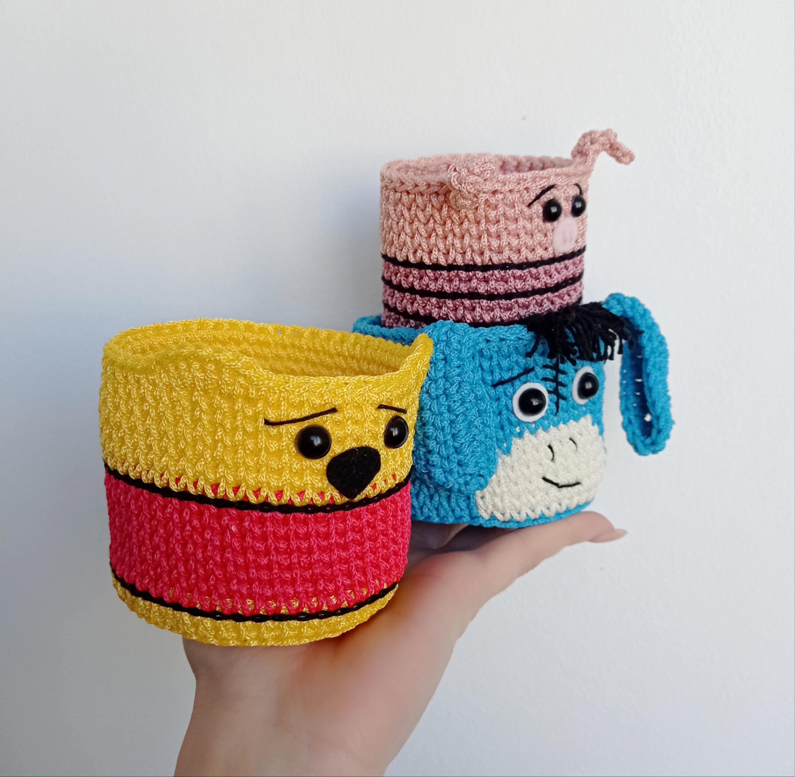 Crochet Winnie the Pooh Basket - Cartoon Animal Faces Shelf Decor