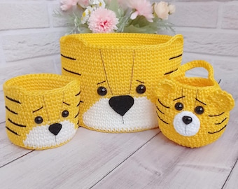 Toy Basket with Cute Crochet Tiger Design - Nursery Room Must-Have, 2 pcs