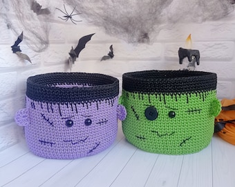 Crochet Frankenstein Candy Bowl - Handmade Crochet Craft - Ideal for Halloween Decor, 1 pc