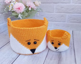 Toy Basket with Cute Crochet Fox Design - Nursery Room Must-Have, 2 pcs