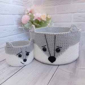 かわいいかぎ針編みのオオカミデザインのおもちゃバスケット - 保育室の必需品、2個入り