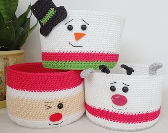 Crochet Snowman, Santa, Deer Baskets - Cozy Knitted Storage for your Holiday Decor, Holiday Gift, 1 pcs