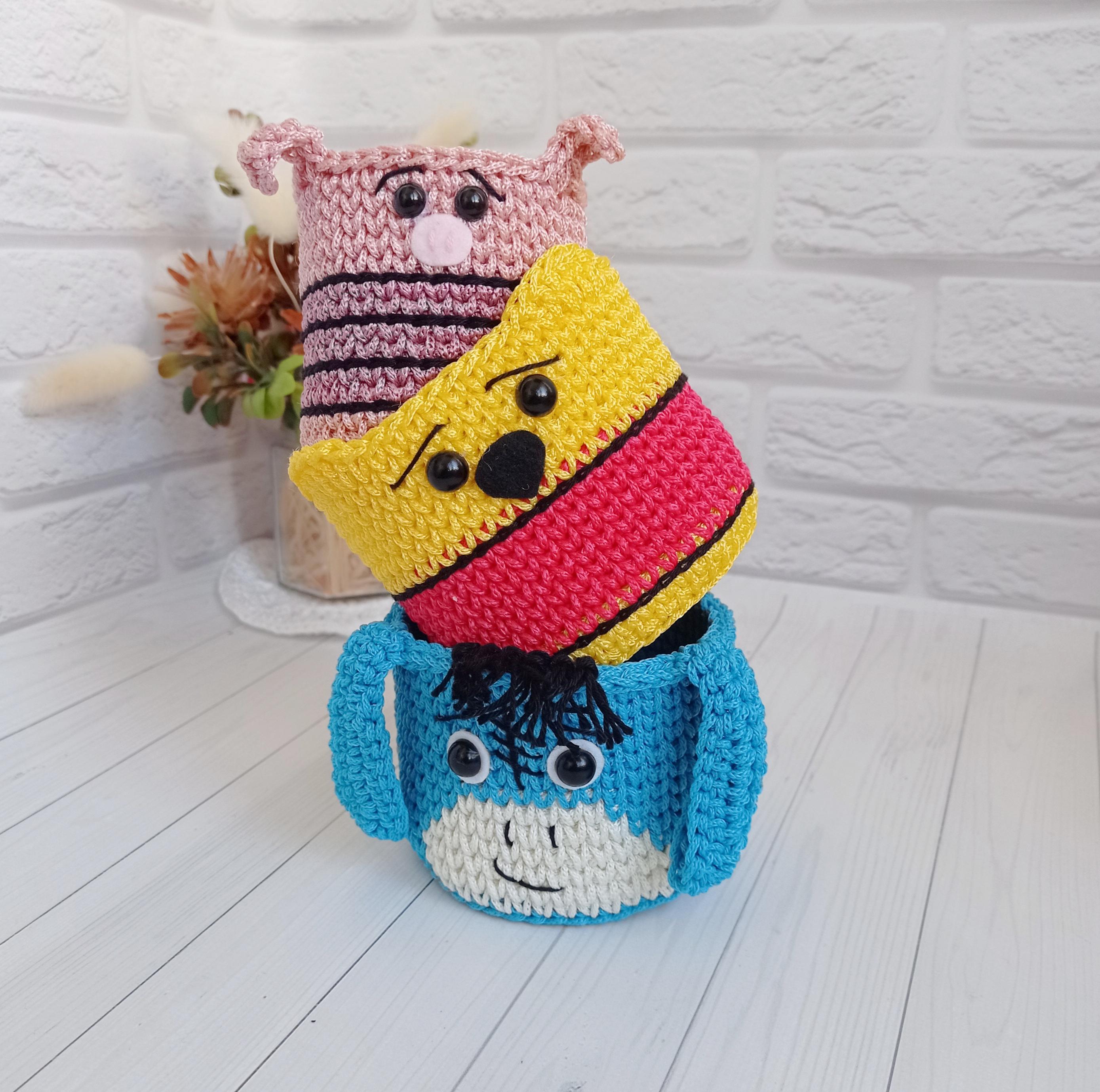 Crochet Winnie the Pooh Basket - Cartoon Animal Faces Shelf Decor