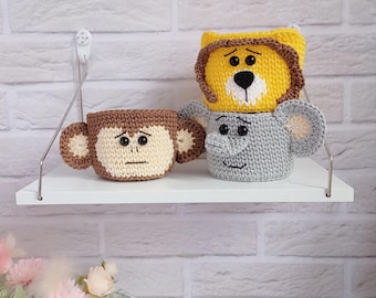 Crochet Lion, Monkey and elephant Baskets - Charming Animal-inspired Baby Room Storage, 3 pc.