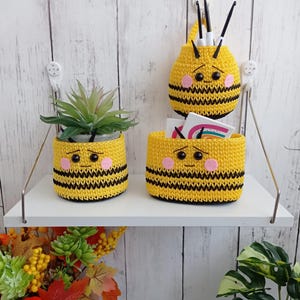 Puede incluir: Tres recipientes de ganchillo con diseño de abeja en amarillo y negro. Uno es una maceta cilíndrica con una suculenta verde, otro es una bolsa colgante con ganchillos negros y el tercero es una cesta ovalada con tarjetas de arcoíris.