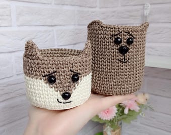 Set of handmade mini Bear and Wolf baskets - Basket for a room with a muzzle, 2 pcs