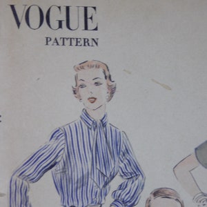 May include: A vintage Vogue pattern illustration featuring a woman wearing a blue and white striped blouse with a bow tie. The illustration is in black and white with a touch of color. The text "Vogue Pattern" is printed at the top of the page.
