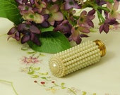 Vintage Beaded Lipstick Tube, Faux Pearl embellished lipstick tube with belved mirror, Hollywood glamour accessory, fill it yourself