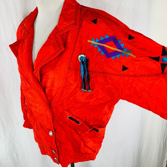 Vintage 80s Lavon Red Nylon Blazer Top Aztec Jack… - image 6