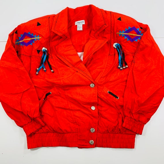 Vintage 80s Lavon Red Nylon Blazer Top Aztec Jack… - image 3