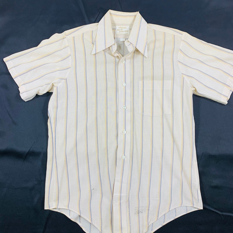 Vintage 70s Arrow Kent Collection Beige Stripe White SS Shirt Size 15.5 Union Made