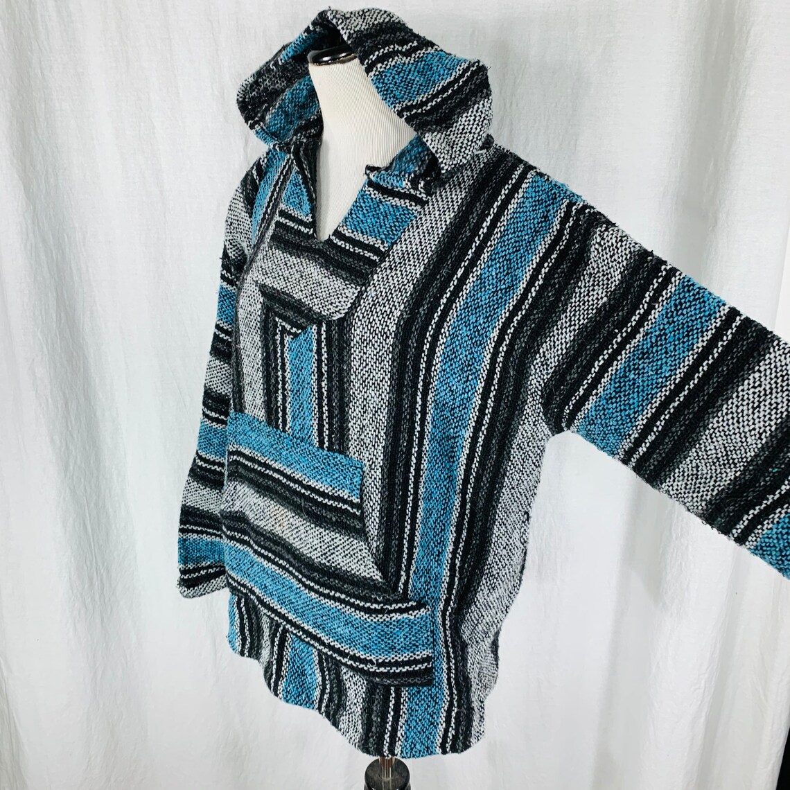 Vintage 90s Drug Rug Blue Gray Black Pullover Poncho Hoodie Etsy
