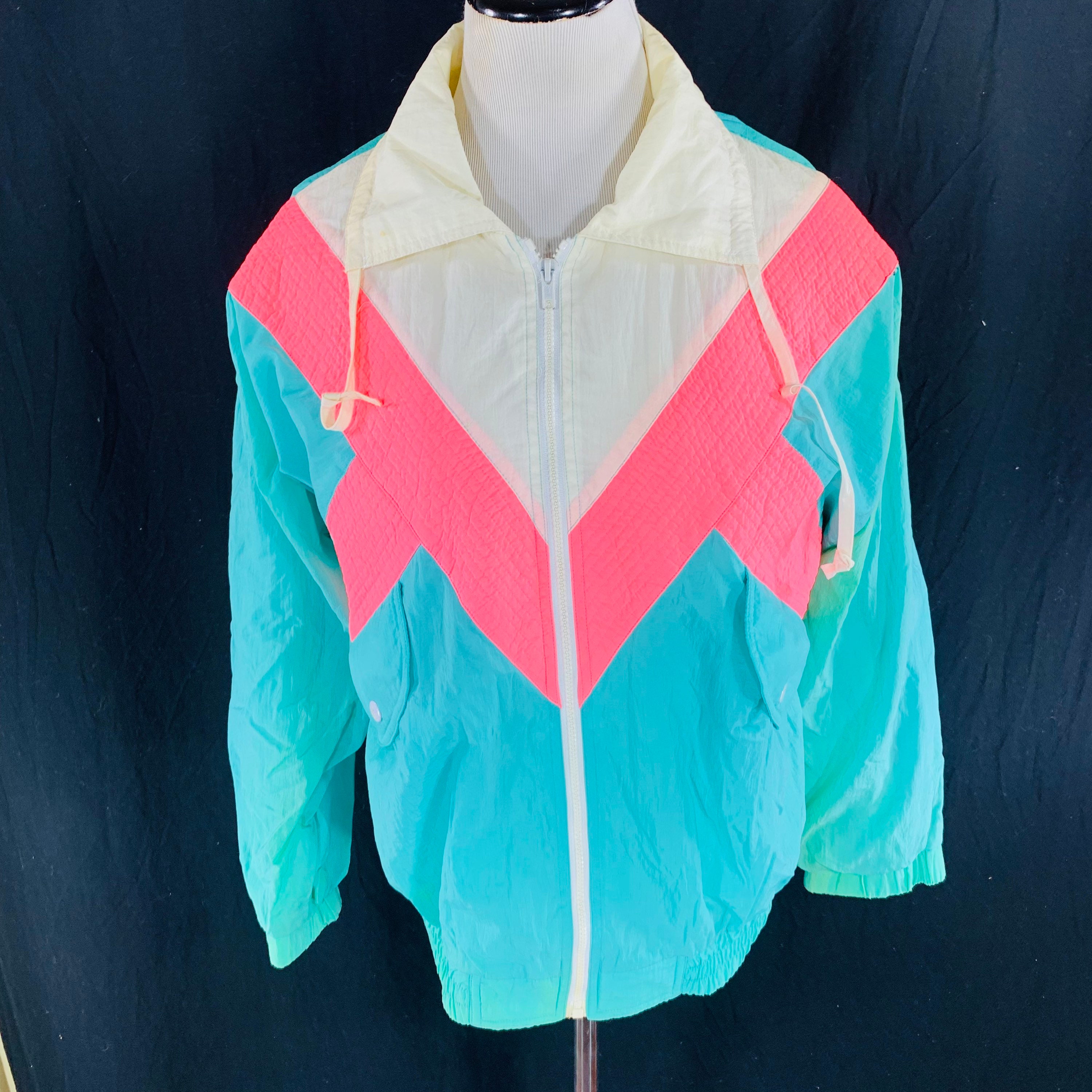 Vtg 90s Inner View Seafoam Blue Pink Nylon Windbreaker Jacket 