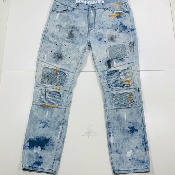 Encrypted Light Wash Blue Denim Jeans 