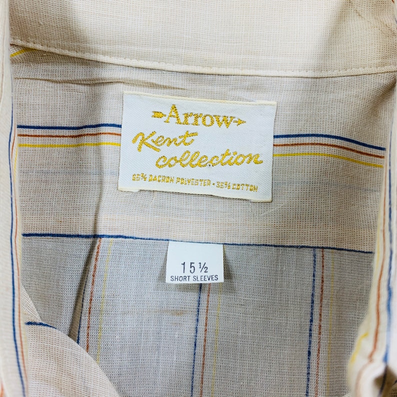 Vintage 70s Arrow Kent Collection Beige Stripe White SS Shirt Size 15.5 Union Made