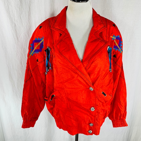 Vintage 80s Lavon Red Nylon Blazer Top Aztec Jack… - image 1