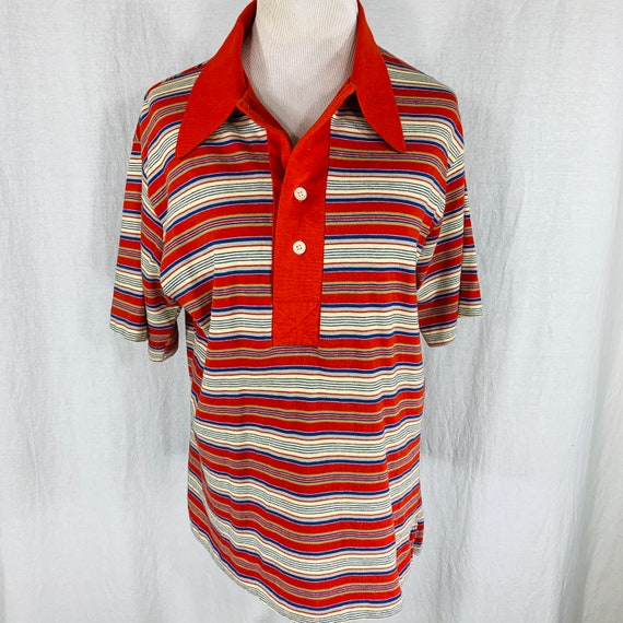 Vintage 70s Jantzen Red Blue Horizonal Stripe Polo