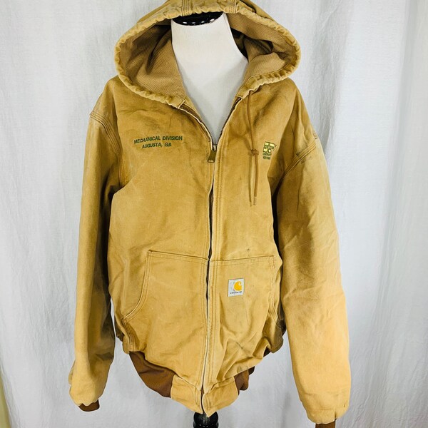 Vintage 90s Carhartt Tan Canvas Hooded Work Jacket Size XL USA Made