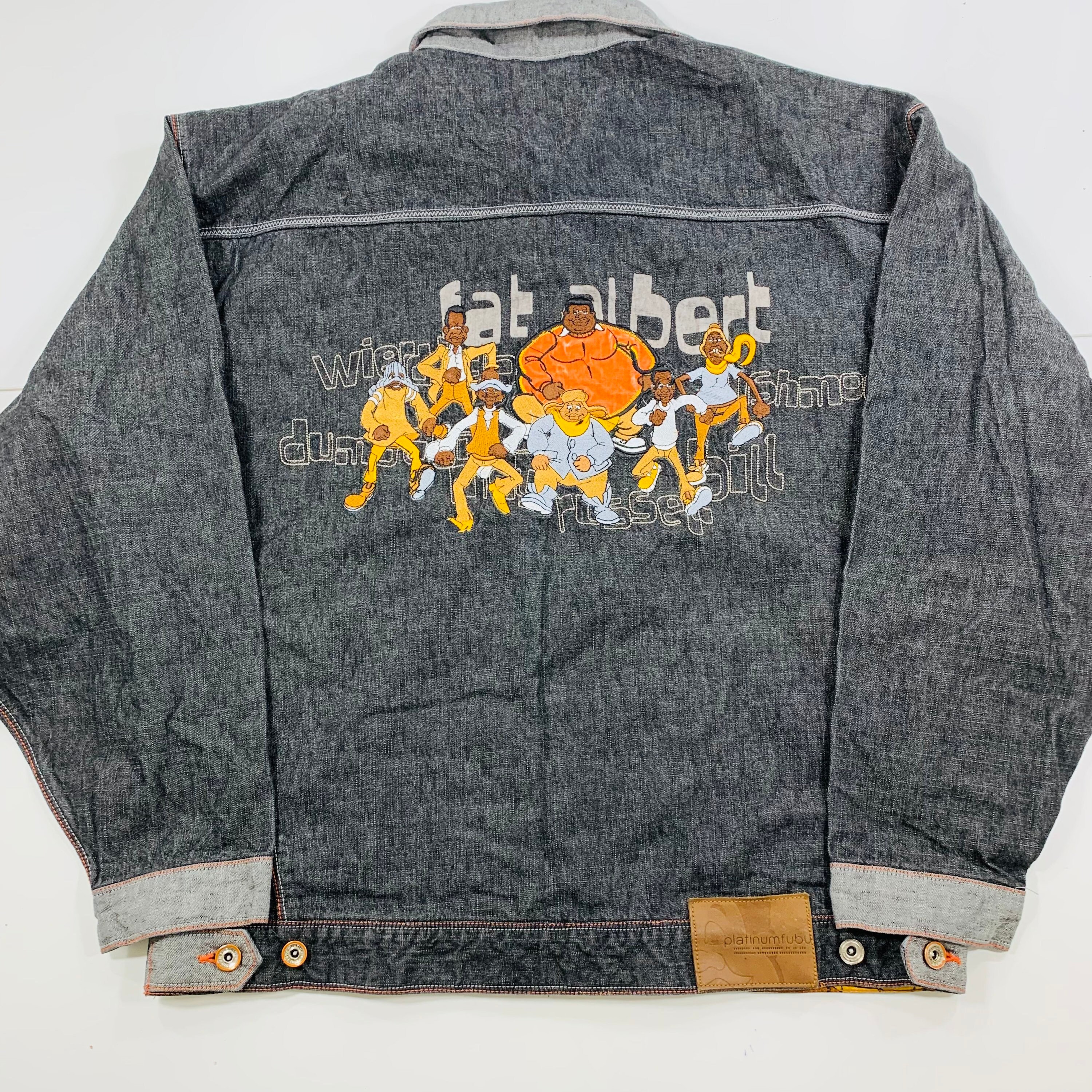 Fubu Platinum Fat Albert Embroidered Design Black Denim Jean Jacket Size XXL
