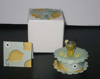 Lemonade in Glass, Straw, Lemons, Lemon Print, LED Tea Light Candle, Matching Box, Doily, Blank Card. Gift/Card in 1. Unique, Lasting, Safe