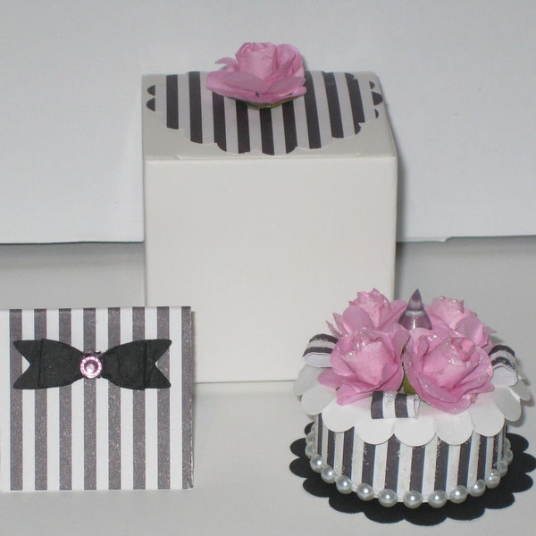 Pink Glittered Roses, Black/White Striped, Pearls LED Tea Light Candle w/Matching Box, Doily, BlankCard. Unique Gift/Card in 1. Mother's Day