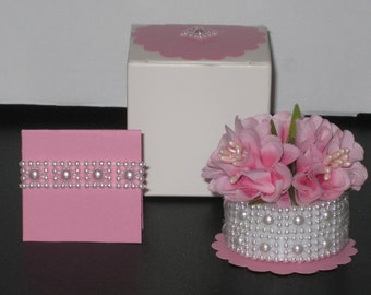 Pink Ruffly Flowers, Faux Pearls, LED Tea light Candle, Matching Box, Doily, Blank Card. Gift and Card in One. Lasting, Unique, Safe.