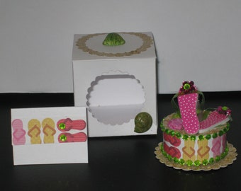 Pink Sandals, Rhinestones, Shells, Sand, LED Tea Light Candle, Matching Box, Doily, Blank Card. A Gift/Card in 1.  Unique, Lasting, Safe.
