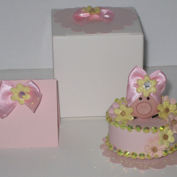 Classy MIz Piggy with Turban, Pink/Yellow Flowers, Rhinestones, LED Safe Tea Light Candle w/ Matching Box, Doily, Blank Card. Gift/Card in 1