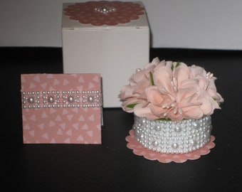 Coral Ruffled Flowers, Faux Pearls, LED Tea Light Candle Design, Matching Box, Blank Card. A Gift and Card in One. Unique, Lasting, Safe.