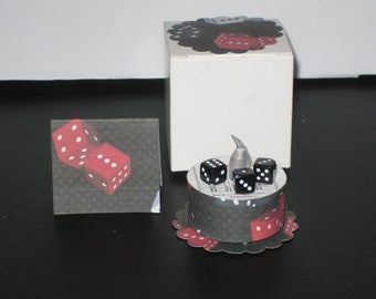 Bunco, Score Sheet, Black Mini Dice LED Tea Light Candle, Matching Box, Doily, Blank Card. A Unique Gift and Card in One. Safe, and Lasting