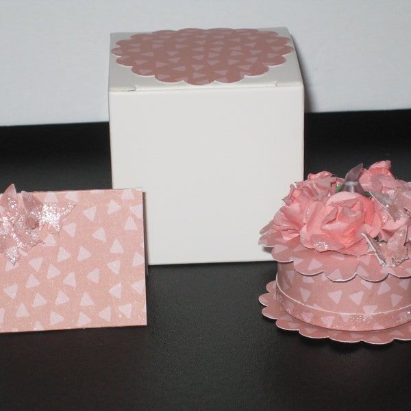 Glittered Pink Coral Roses/ Butterflies LED Tea Light Candle Creation, Matching Box, Doily, BlankCard. Unique Gift/Card in 1. Mother's Day.