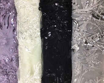 3Color New Arrival Embroidey Lace Heavy Beads And Sequin Embroidery Lace Fabric. Metalic Yarn Couture Lace Fabric. Black. Purple . Gray