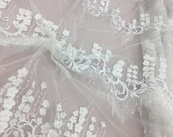 Off White  3D Lace Fabric With Flowers For Haute Couture Dress.High Quality Lace Fabric With Sequin.Wedding Dress Lace Fabric.