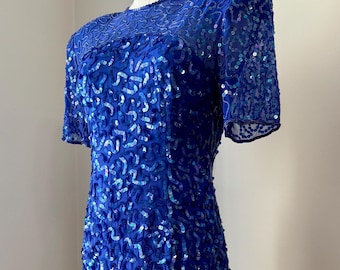 Vintage 80s Blue Sequin Dress | Iridescent Sheer Silk Sequin Cocktail Dress 1980s
