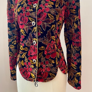 Vintage 90s Black Velvet Floral Print Jacket | Red and Gold Leaf Button Down Blazer R&K Evening