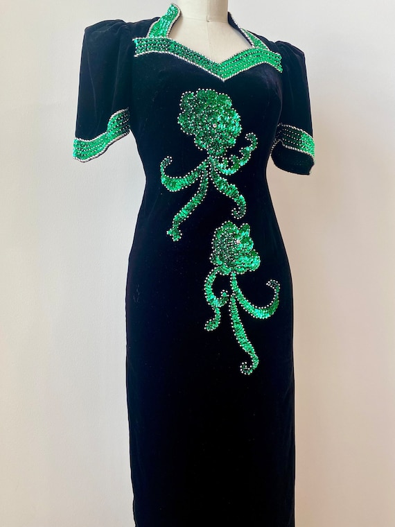 Vintage Black Velvet Evening Gown | Floral Green Beaded Sequin Dress XS -  Etsy