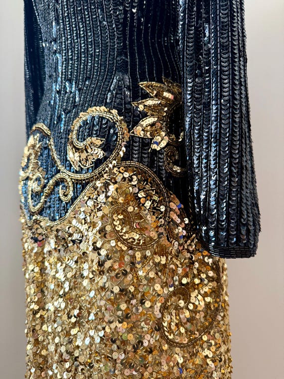 Vintage Glam 90s Black and Gold Beaded Silk Sequin Cocktail Dress by Della Roufogali Nightline | Large