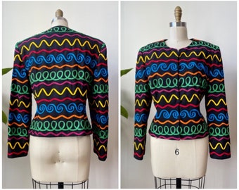 Veste noire à motif onduleux multicolore vintage des années 1990 avec appliqué de ruban | Grande