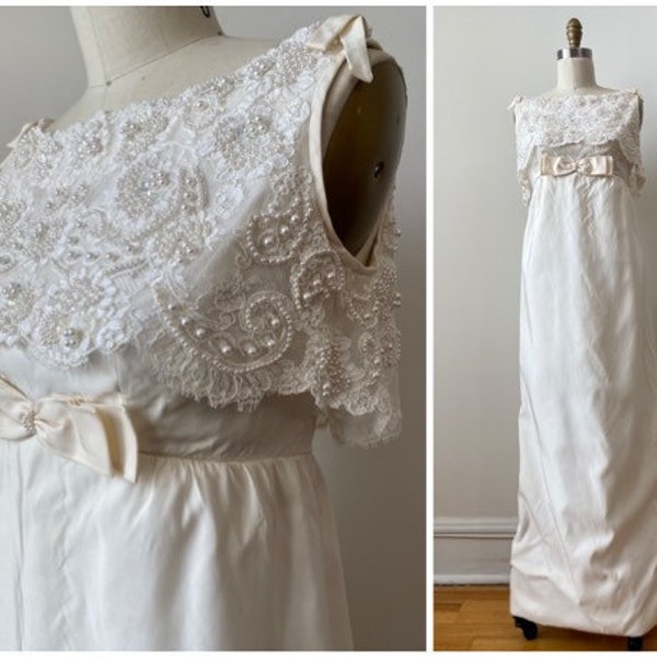 Vintage 1960s Ivory Lace Beaded Wedding Gown with Bow by Priscilla of Boston | Small