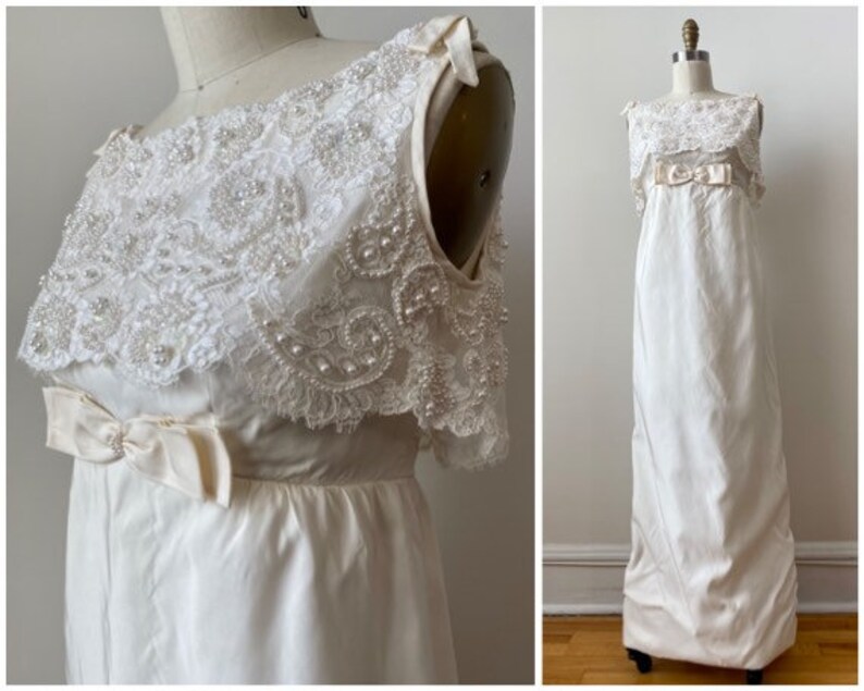 Vintage 1960s Ivory Lace Beaded Wedding Gown With Bow by Priscilla of